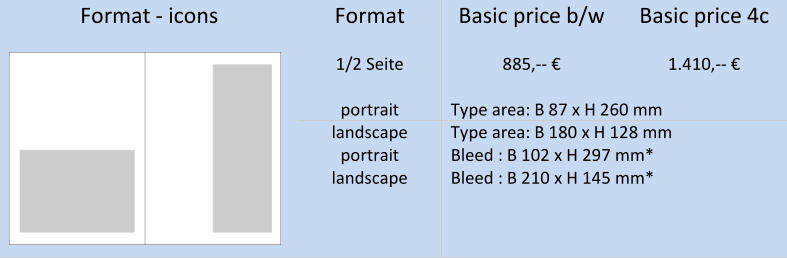 Format  -   icons   Format   B asic pric e   b / w   B asic  price   4c             1/ 2   Seite   885 , --   €   1 . 410 , --   €         portrai t   T ype are a : B 87 x H 260 mm   l andscape   T ype are a : B 180 x H 128 mm   portrai t   Bleed   : B 102 x H 297 mm*   l andscape   Bleed   : B 210 x H 145 mm*