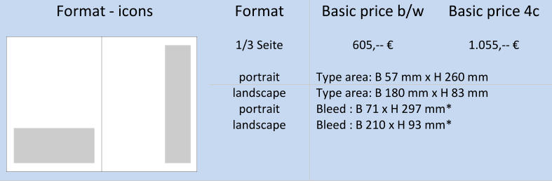 Format  -   icons   Format   B asic pric e   b / w   B asic  price   4c             1/ 3   Seite   605 , --   €   1 . 055 , --   €         portrai t   T ype are a : B 57   mm x H  260   mm   l andscape   T ype are a : B 1 80   mm x H 83   mm   portrai t   Bleed   : B 71 x H 297 mm*   l andscape   Bleed   : B 210 x H 93 mm*