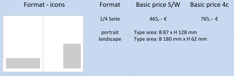 Format  -   icons   Format   B asic pric e   S/W   B asic  price   4c             1/ 4   Seite   465 , --   €   765 , --   €         portrai t   T ype are a : B 87 x H 128 mm   l andscape   T ype are a : B  180   mm x H 6 2   mm